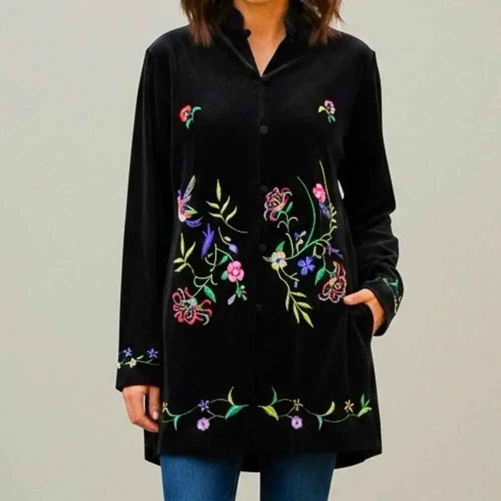 Susan Graver Black Velour Floral Embroidered Button Down Top Kimono Jacket Small - Picture 1 of 10